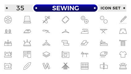 Simple Set of Sewing outline icon, knitting and cloth repair Related Vector Line Icons. Contains thin Icons as Leather, Thimble, Needle and more.Sewing equipment and needlework line icons set.