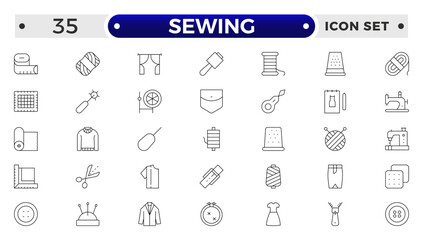 Simple Set of Sewing outline icon, knitting and cloth repair Related Vector Line Icons. Contains thin Icons as Leather, Thimble, Needle and more.Sewing equipment and needlework line icons set.