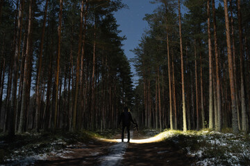Silhouette of a man with a flashlight and a assault rifle in a night pine forest on a road in...