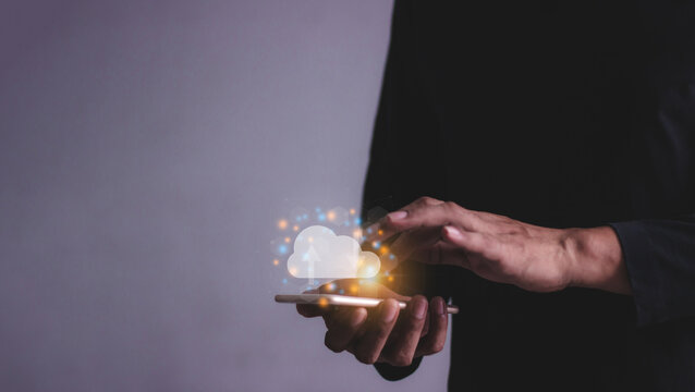 Young man with smartphone mobile hand touching to cloud computing diagram, Data storage, Cloud technology, Cloud Computing Storage
