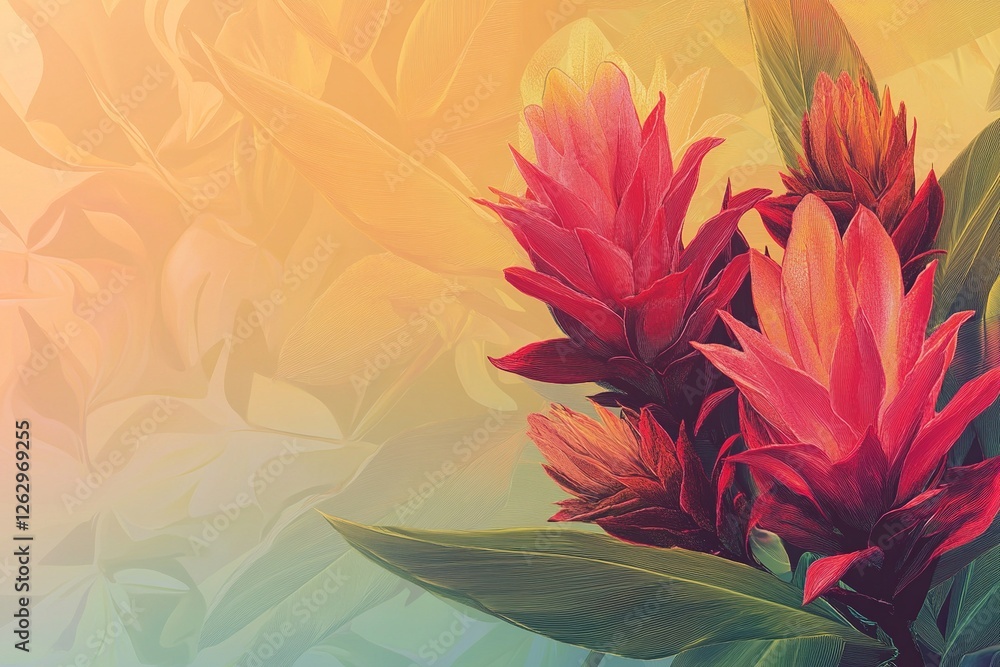 Poster a delicate vector background featuring lush plants and blooming flowers, creating a fresh and natura