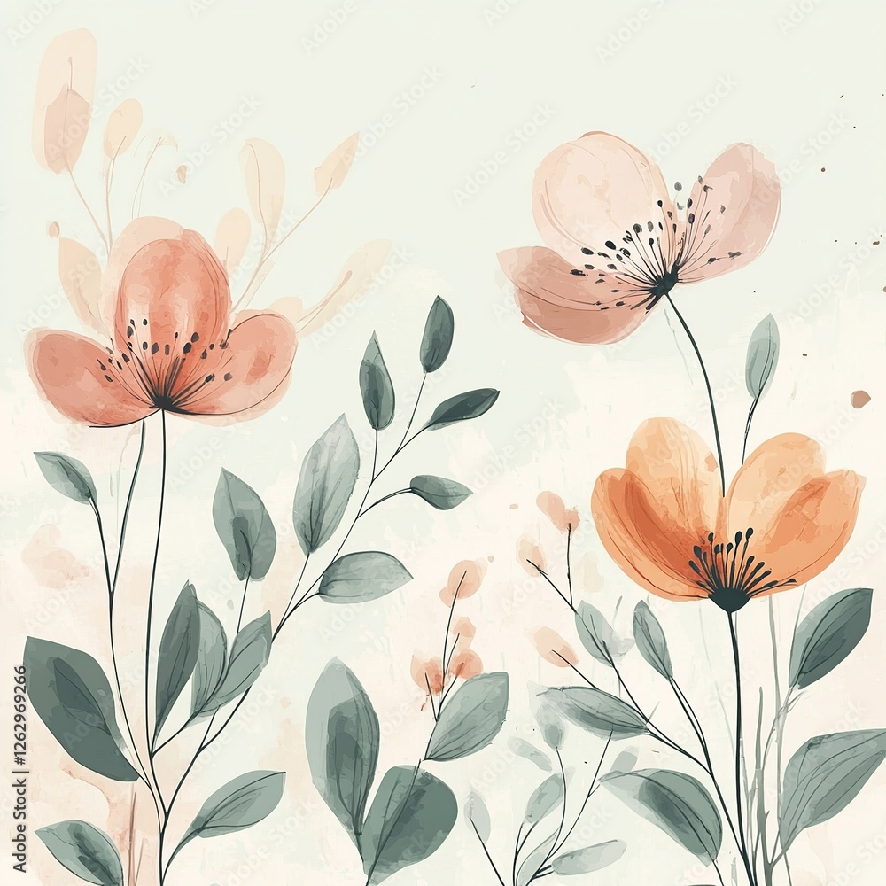 Poster a delicate vector background featuring lush plants and blooming flowers, creating a fresh and natura
