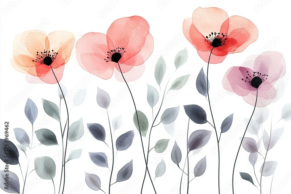Poster a delicate vector background featuring lush plants and blooming flowers, creating a fresh and natura