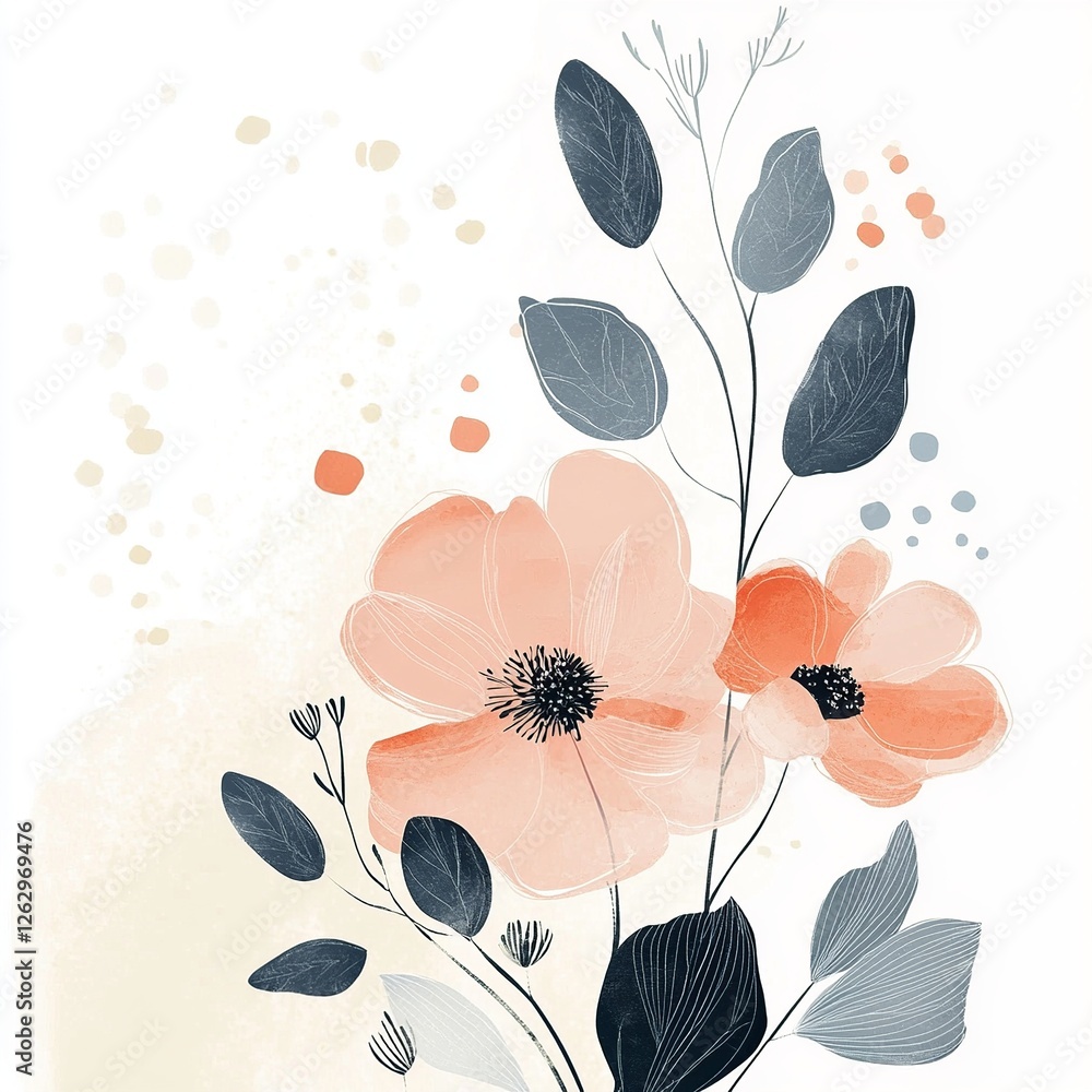 Poster a delicate vector background featuring lush plants and blooming flowers, creating a fresh and natura