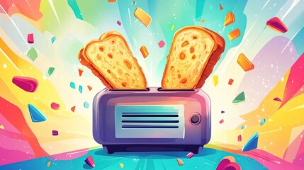 A cartoon-style toaster with slices of bread popping up, surrounded by bright colors