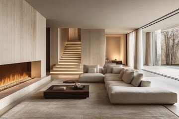 Modern living room with elegant design and warm fireplace in spacious house during afternoon