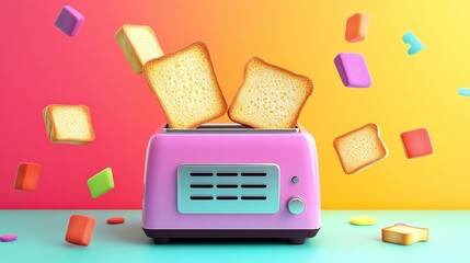 A cartoon-style toaster with slices of bread popping up, surrounded by bright colors