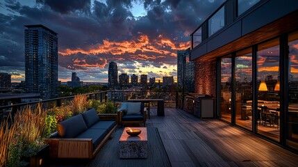 Obraz premium Modern Rooftop Terrace with Stunning Sunset Over City Skyline