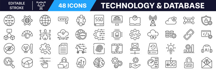 Technology and database Icon set. Editable stroke. Linear style.