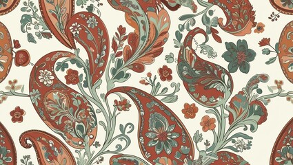 Earthy-toned paisley and floral motifs on white, bringing a free-spirited, artistic touch.
