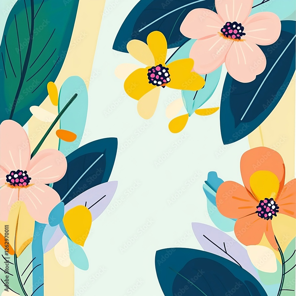 Poster a delicate vector background featuring lush plants and blooming flowers, creating a fresh and natura