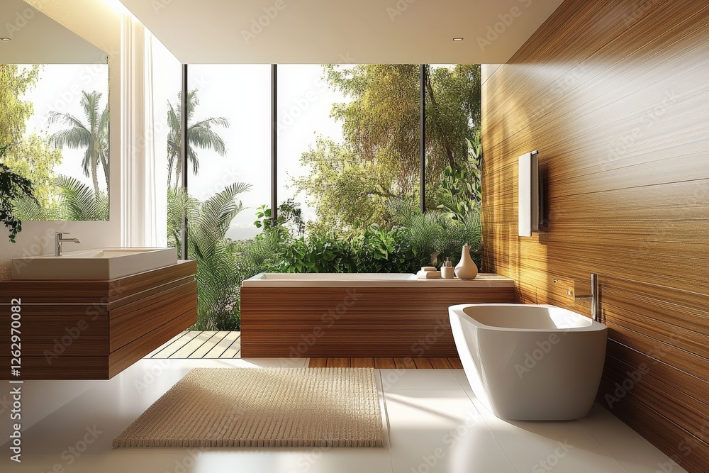 Poster modern bathroom design featuring natural elements in a serene setting with large windows overlooking