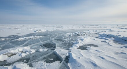 Frozen Landscape with Cracked Ice and Snowy Terrain Under a Cloudy Sky