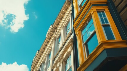 Fototapeta premium A building with a yellow trim and a blue sky in the background