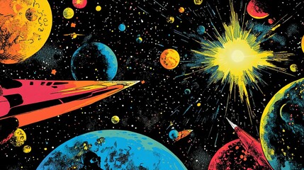 A brightly colored comic book cover featuring a space adventure, with exaggerated planets and stars in the background.