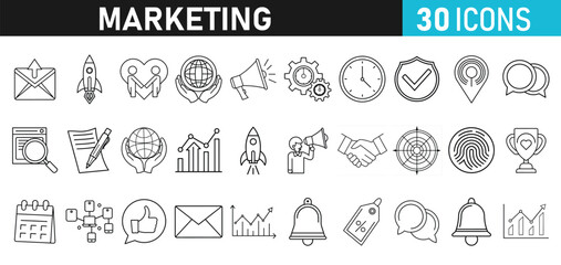 Digital Marketing set of web liner icons. Marketing icons for web and mobile app. e-commerce, SEO, business, Sales, analytics, ads, communication, content, connect, branding Vector illustration bundle