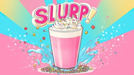 A bright, cartoon-style milkshake with whipped cream, sprinkles, and the word "SLURP!" in pop art font.