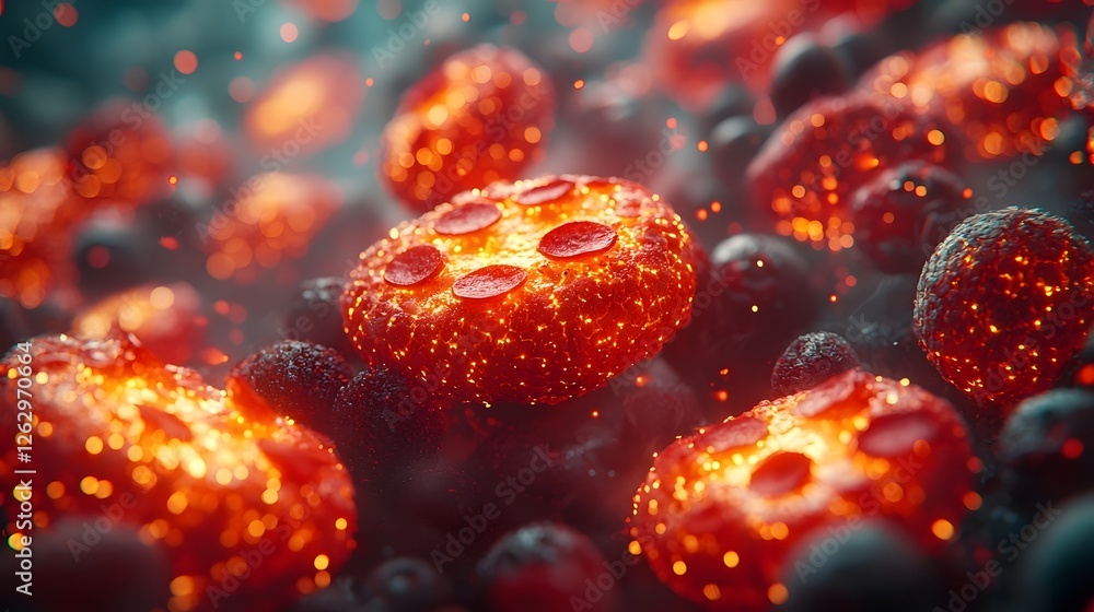 Poster surreal 3d background with tiny glowing pizzas and radiant toppings