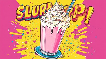 A bright, cartoon-style milkshake with whipped cream, sprinkles, and the word "SLURP!" in pop art font.