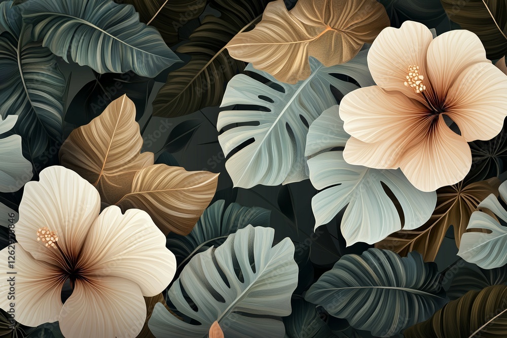 Poster a delicate vector background featuring lush plants and blooming flowers, creating a fresh and natura