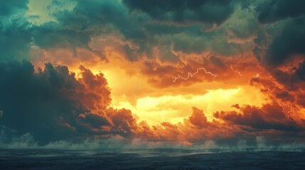 Fototapeta premium Dramatic Sunset Over Ocean with Dark Clouds and Lightning Strikes