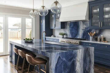 Modern kitchen with blue stone countertops and elegant lighting features in a bright space