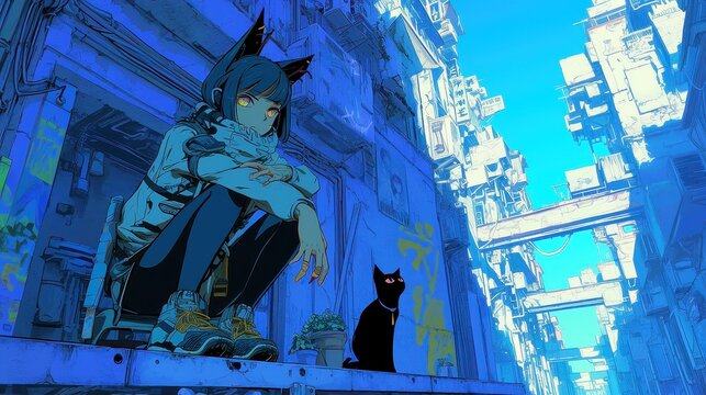Cyberpunk Alleyway with Black Cat, vibrant city pop anime scene, bold outlines, solid colors, graffiti walls, clean geometric style, neon-lit cool color palette