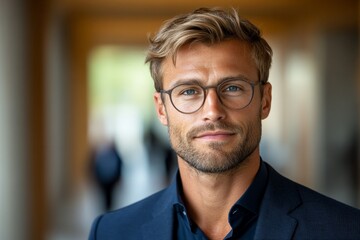Obraz premium Confident young man in glasses dressed in a suit poses in a modern urban setting with a soft background during daylight