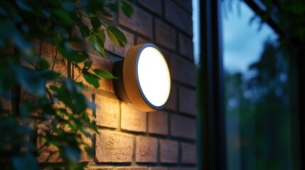 Illuminated Exterior: Wooden and Metal Wall Lamp on Brick