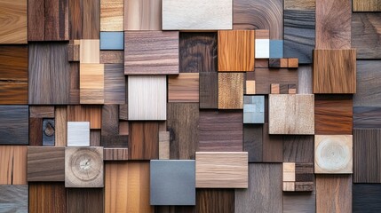 A collection of various wooden planks and blocks showcasing diverse textures and colors, representing versatile flooring design options.