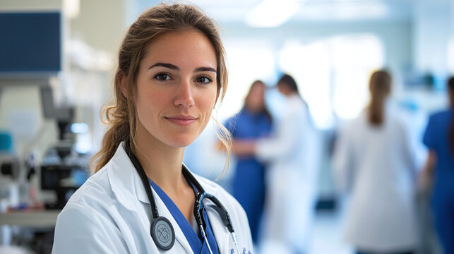 A female doctor in a hospital lab, studying a microscope slide, with other medical professionals in the background, representing the growing presence of women in medical science and healthcare