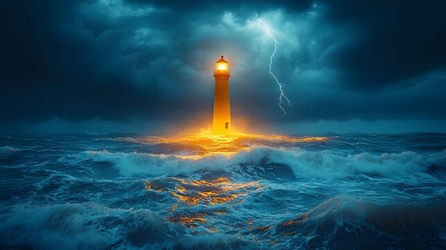 Glowing Lighthouse Stands Resilient Against Dramatic Thunderstorm Roaring Sea