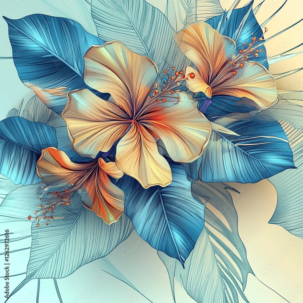 Poster a delicate vector background featuring lush plants and blooming flowers, creating a fresh and natura