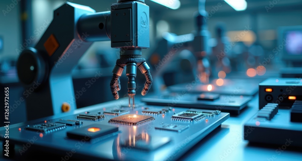 Poster high-tech microchip inspection with robotic arm in laboratory setting