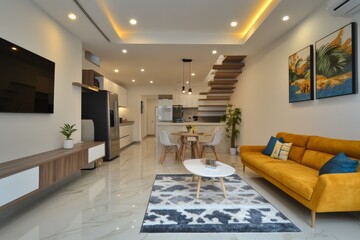 Fototapeta premium Modern living room with sleek furniture and bright accents in a stylish apartment