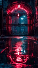 Mysterious Urban Alley with Glistening Ground and Neon Glow