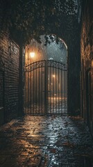 Enchanted Rainy Night in a Mysterious Alleyway with Iron Gate