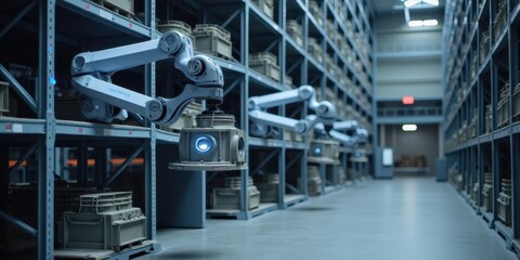 Automated Industrial Storage System with Robotic Arms in Warehouse