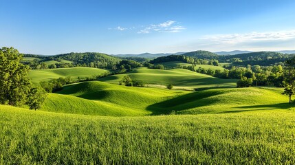 A panoramic view of rolling hills covered in fresh spring grass, symbolizing rebirth