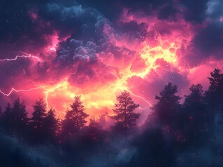 Fototapeta premium Glowing Thunderstorm Over Majestic Pine Forest with Striking Lightning Bolts