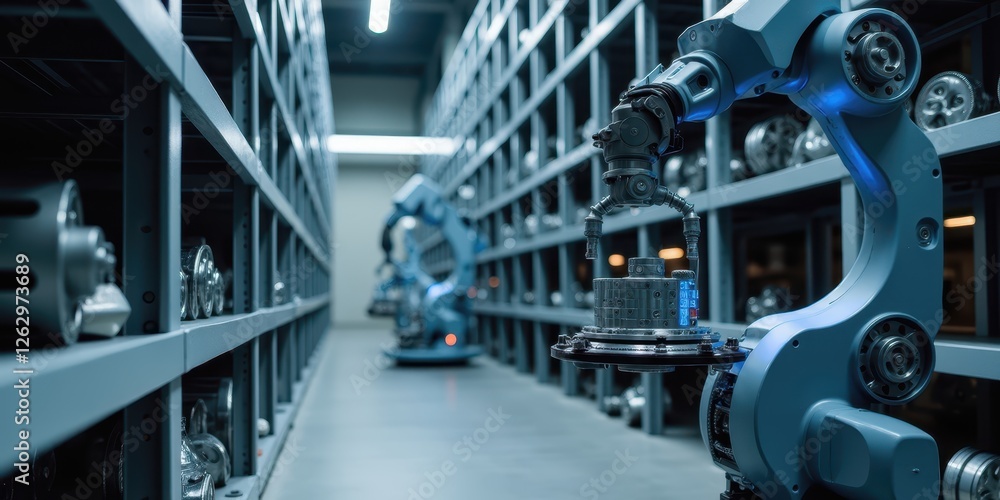 Poster advanced robotic arm handling storage containers in industrial setting