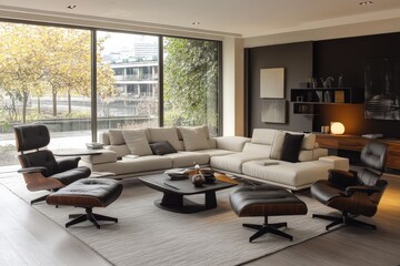 Fototapeta premium Modern living room with elegant furniture and large windows overlooking a serene landscape