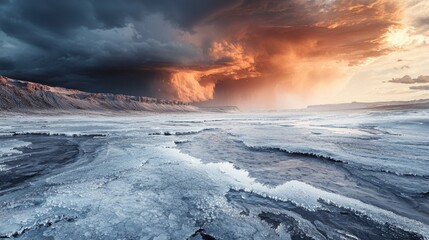 Dramatic Sunset Over Icy Landscape with Bold Stormy Sky