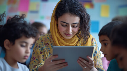 Obraz premium A female teacher using a digital tablet to explain a lesson to students, while a diverse group of children observes attentively, representing the fusion of traditional and modern education.