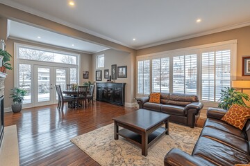 Fototapeta premium Beautiful modern living room with cozy seating and large windows letting in natural light during winter