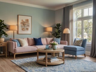 Fototapeta premium Light Pink Sectional Sofa Living Room Design