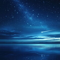 Dramatic Nightscape Sparkling Milky Way, Shooting Star Over Calm Lake at Dusk.