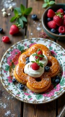 Obraz premium Floral plate with whipped cream topped waffles and berries on rustic wooden table