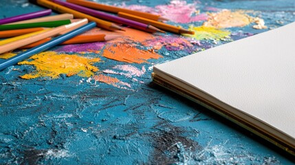 Fototapeta premium Colorful art supplies on textured surface, blank canvas, ready for creativity