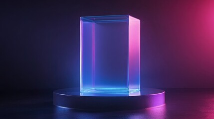 Abstract Neon Glass Box on Round Platform Futuristic Minimalist Design